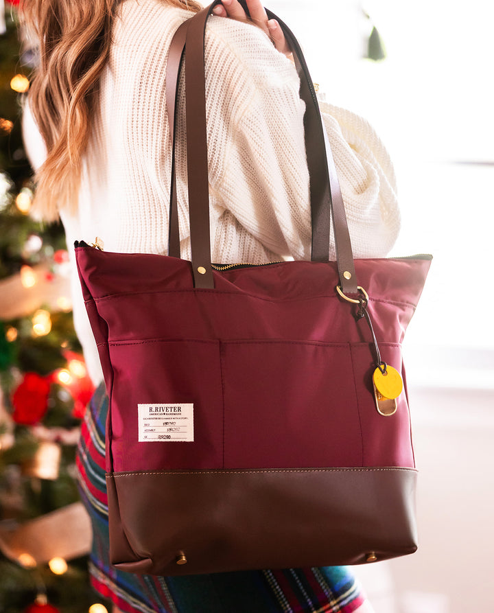 Harriet Tote Bag | Wine Nylon with Brown Leather