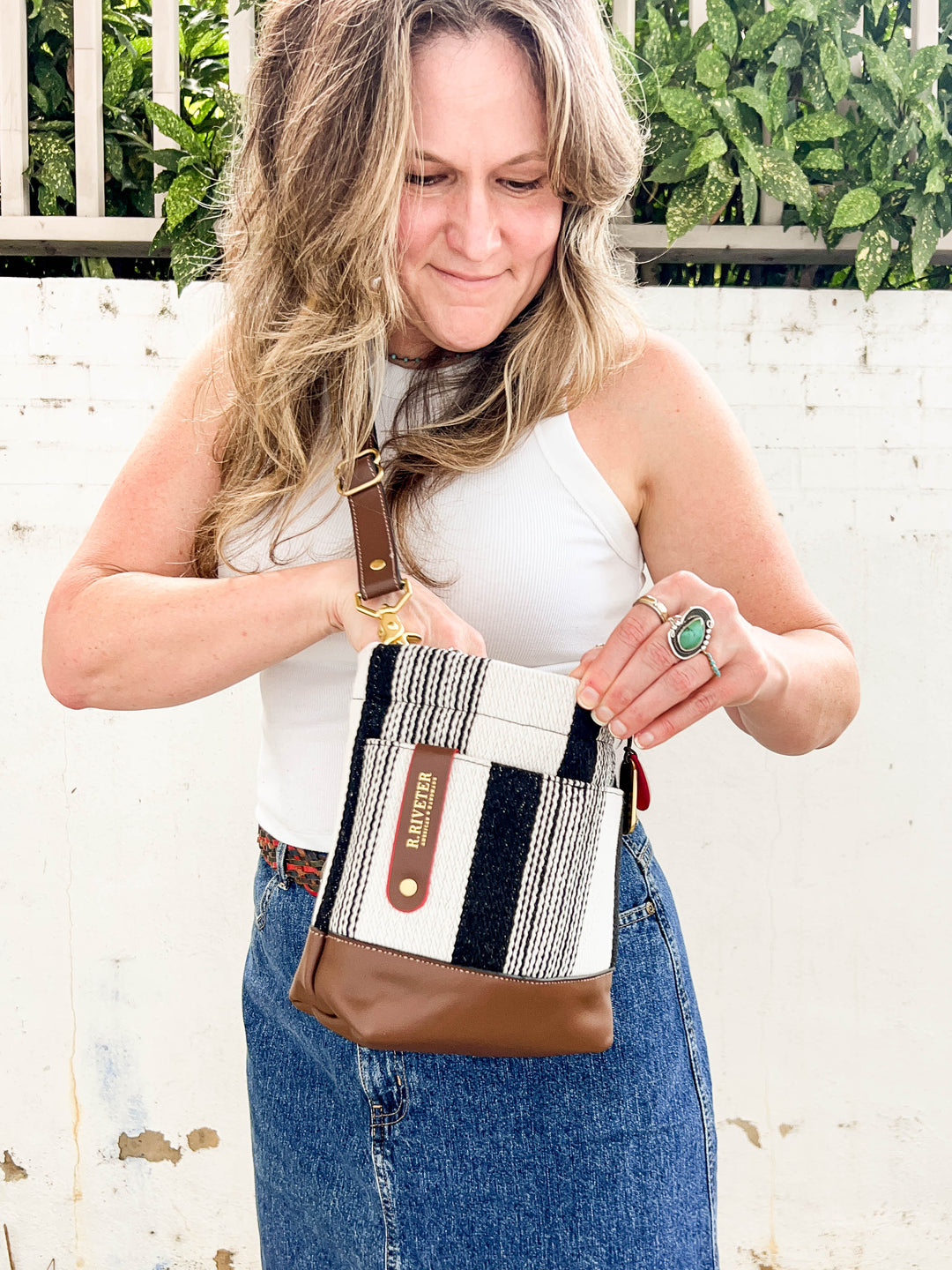 Betsy Bucket Bag | Black and White Woven + Brown Leather
