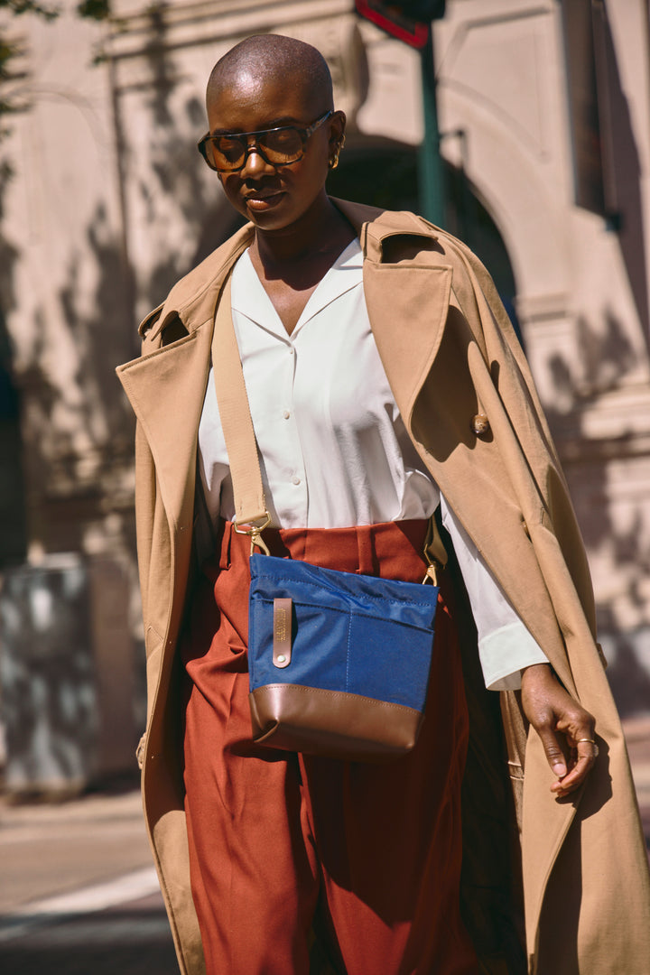 Betsy Bucket Bag | Navy Nylon + Brown Leather