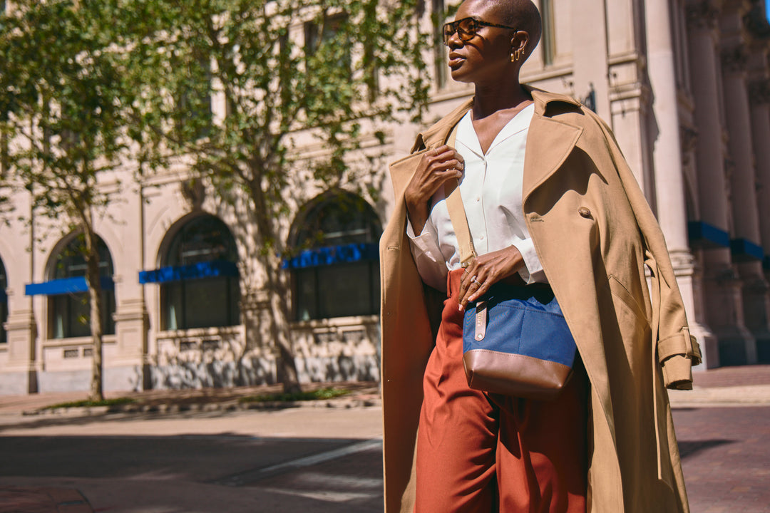 Betsy Bucket Bag | Navy Nylon + Brown Leather