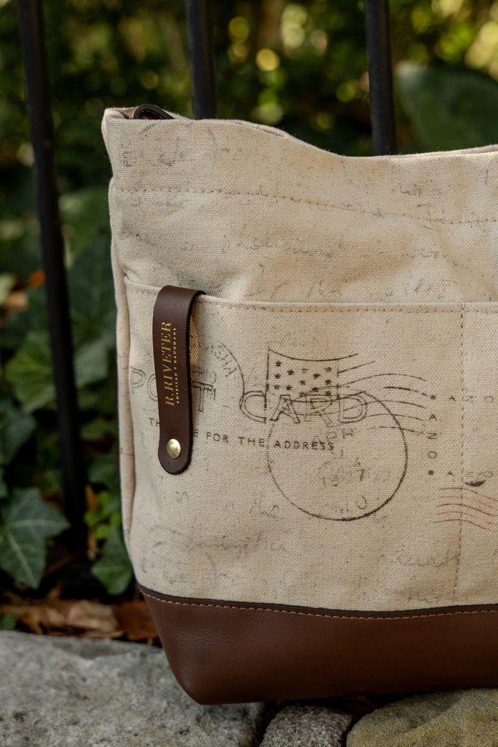 Sophia Hobo Shoulder Bag | Canvas Letters to Home + Brown Leather