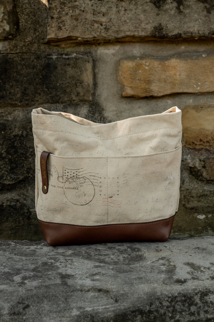 Sophia Hobo Shoulder Bag | Canvas Letters to Home + Brown Leather