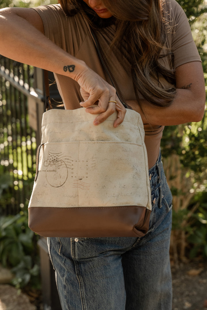 Sophia Hobo Shoulder Bag | Canvas Letters to Home + Brown Leather