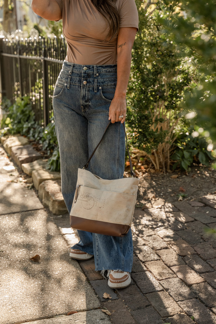 Sophia Hobo Shoulder Bag | Canvas Letters to Home + Brown Leather