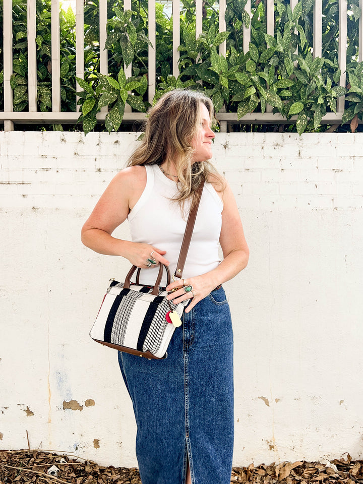 Dot | Black and White Woven + Brown Leather