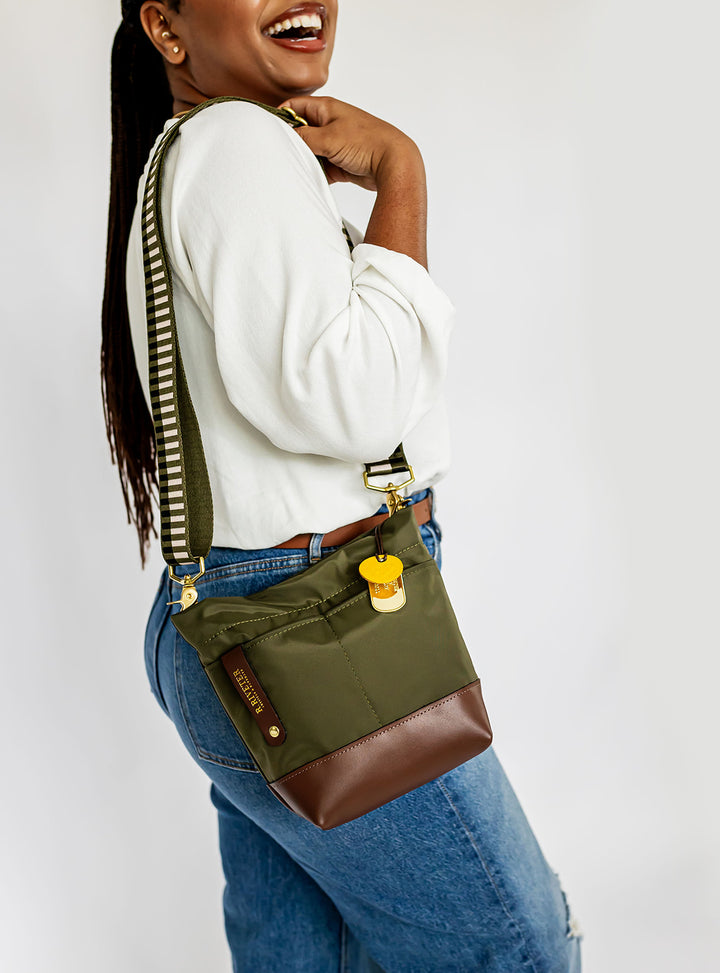 Betsy Bucket Bag | Fatigue Nylon + Brown Leather