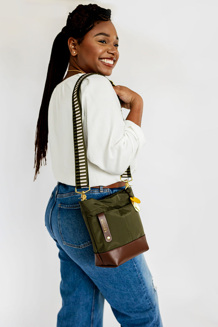 Betsy Bucket Bag | Fatigue Nylon + Brown Leather
