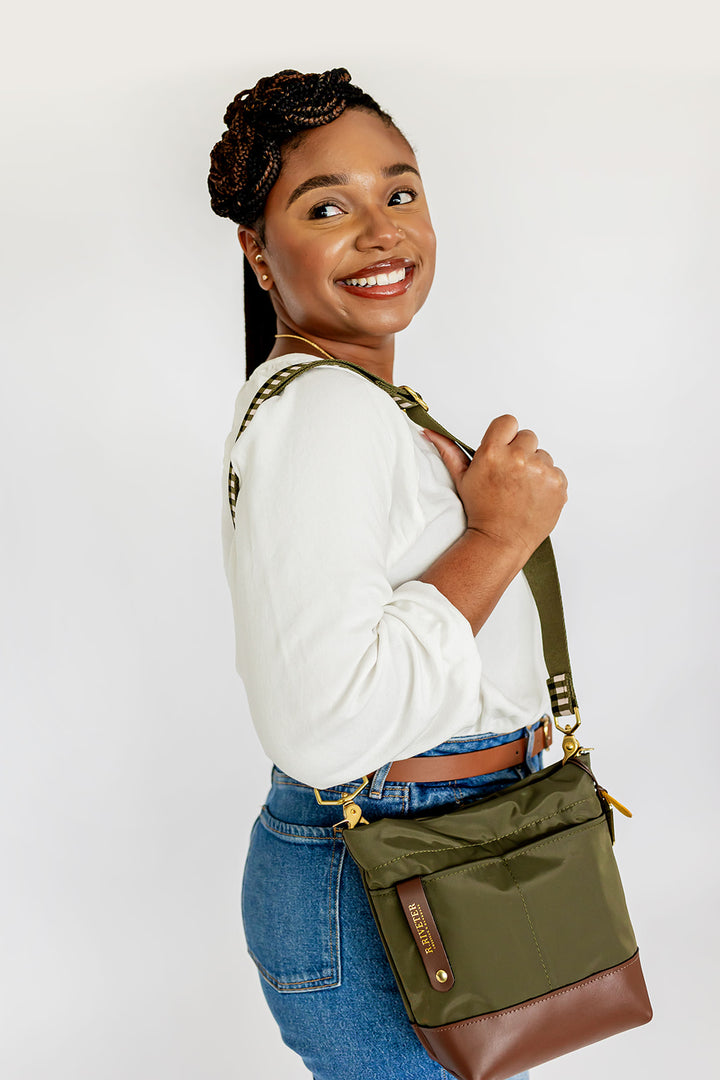 Betsy Bucket Bag | Fatigue Nylon + Brown Leather