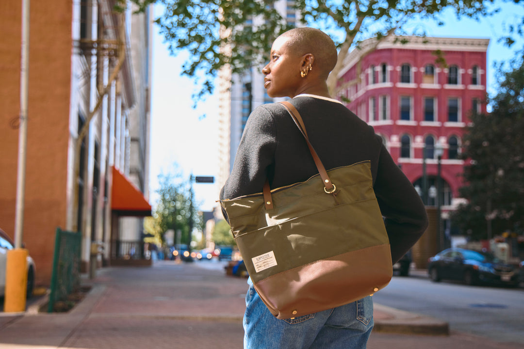 Harriet Tote Bag | Fatigue Nylon + Brown Leather