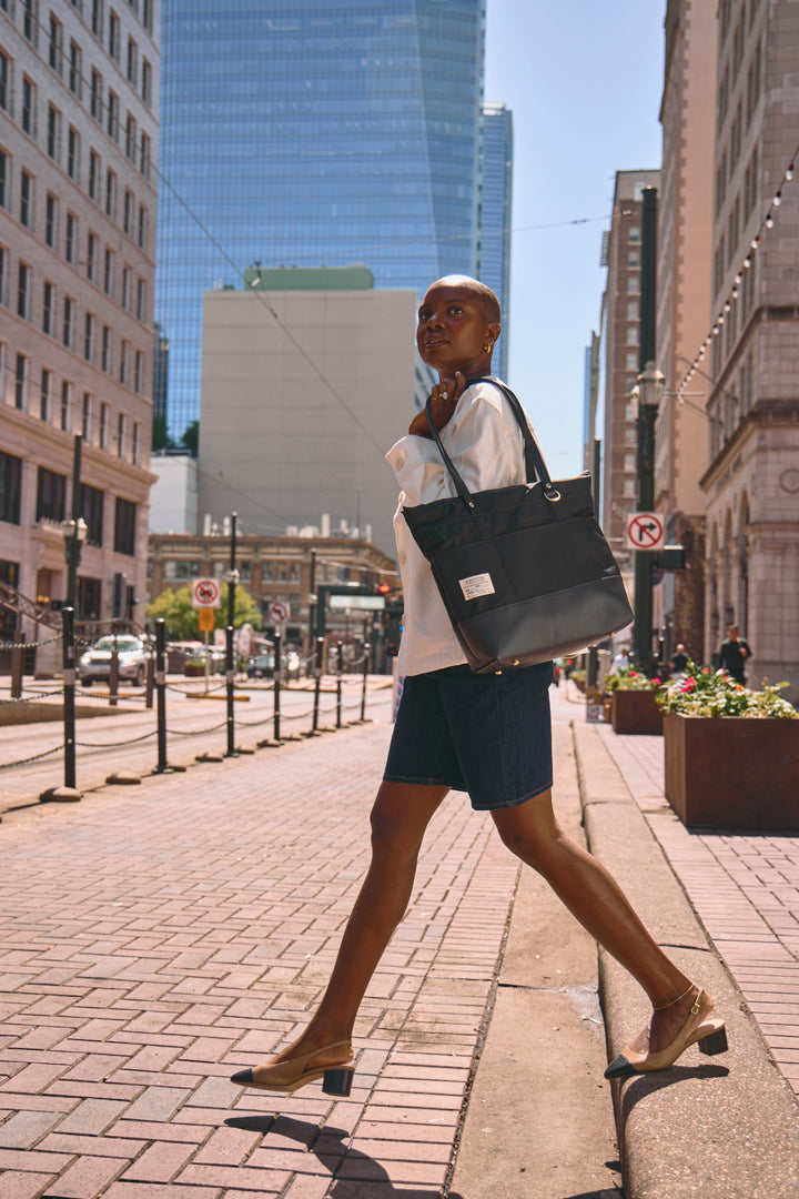 Harriet Tote Bag | Black Nylon + Black Leather