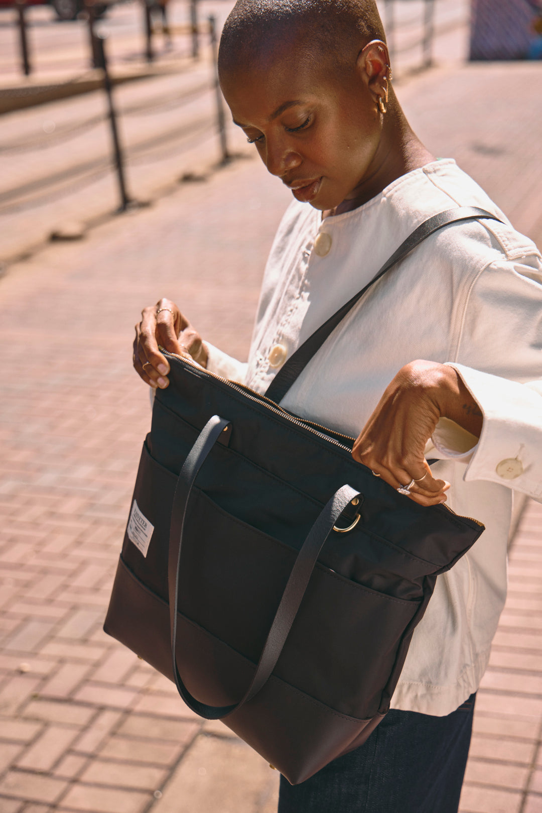Harriet Tote Bag | Black Nylon + Black Leather