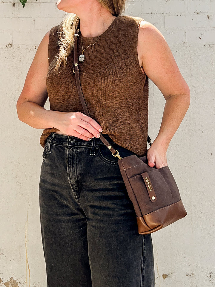 Betsy Bucket Bag | Umber Brown Canvas with Brown Leather