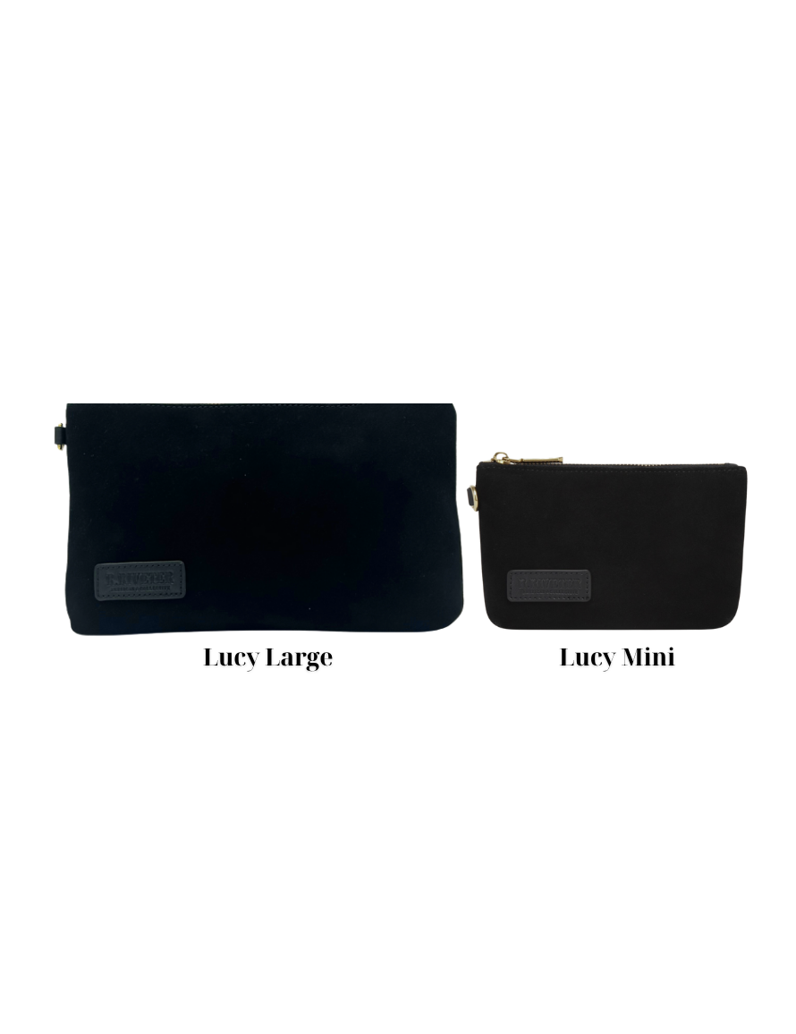 Lucy Large Zipper Pouch  | Black Suede + Black Logo Patch