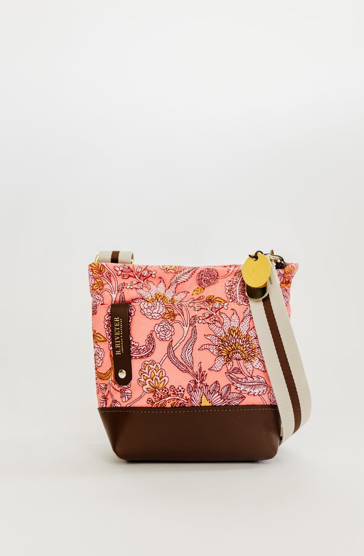 Betsy | Rose Bandana Printed Nylon + Brown Leather Small Bucket Bag