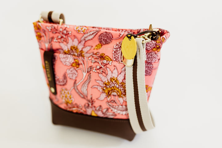 Betsy | Rose Bandana Printed Nylon + Brown Leather Small Bucket Bag