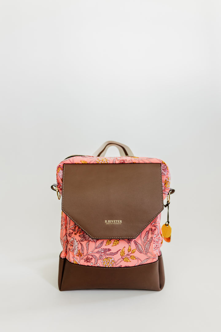 Corbin | Rose Bandana Printed Nylon + Brown Leather Back Pack
