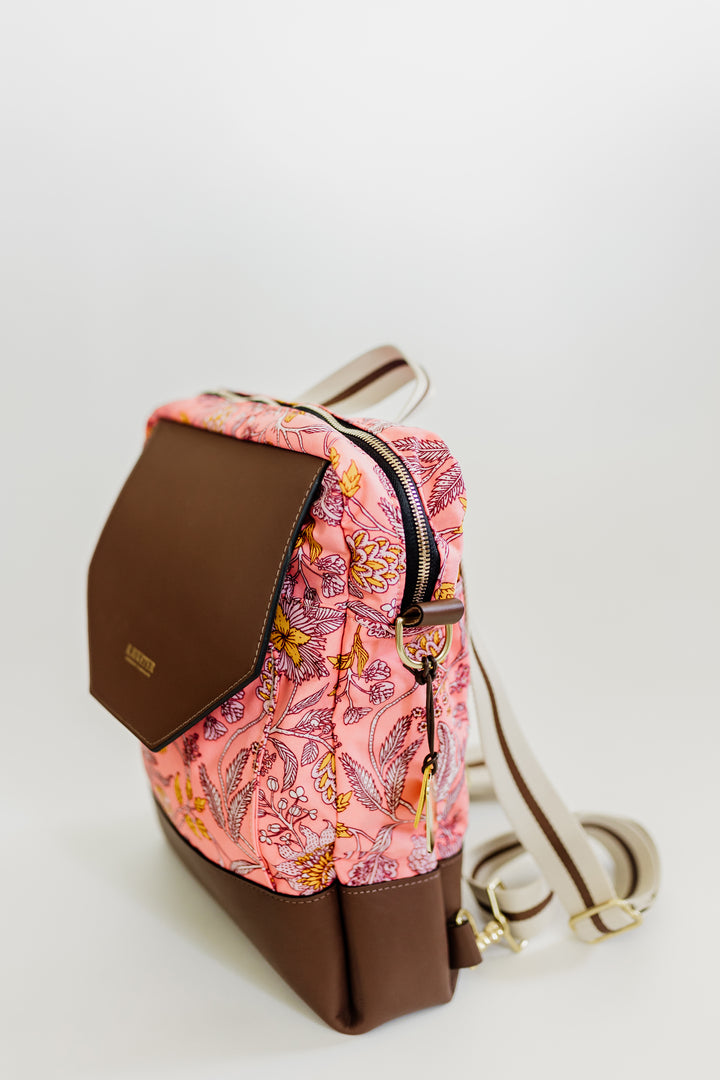 Corbin | Rose Bandana Printed Nylon + Brown Leather Back Pack