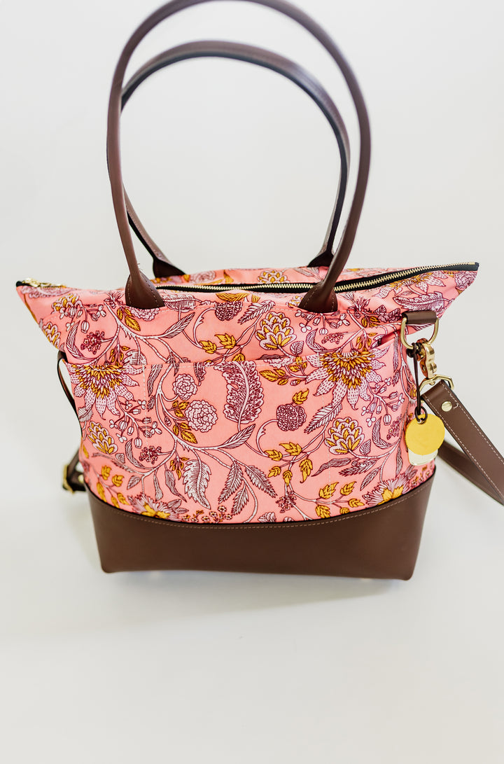 Williams | Rose Bandana Printed Nylon + Brown Leather  Carry-all Tote