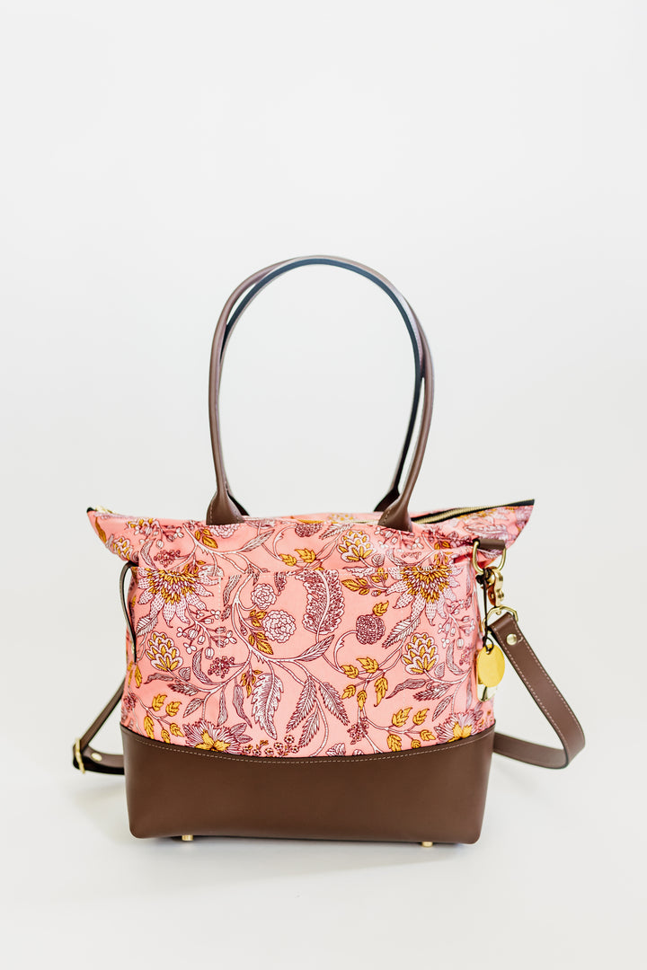 Williams | Rose Bandana Printed Nylon + Brown Leather  Carry-all Tote