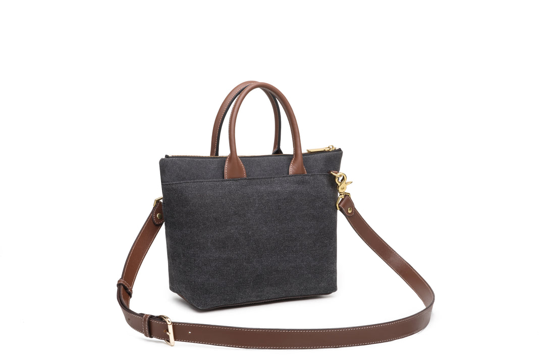 Dot Mini Tote | Black Washed Canvas + Brown