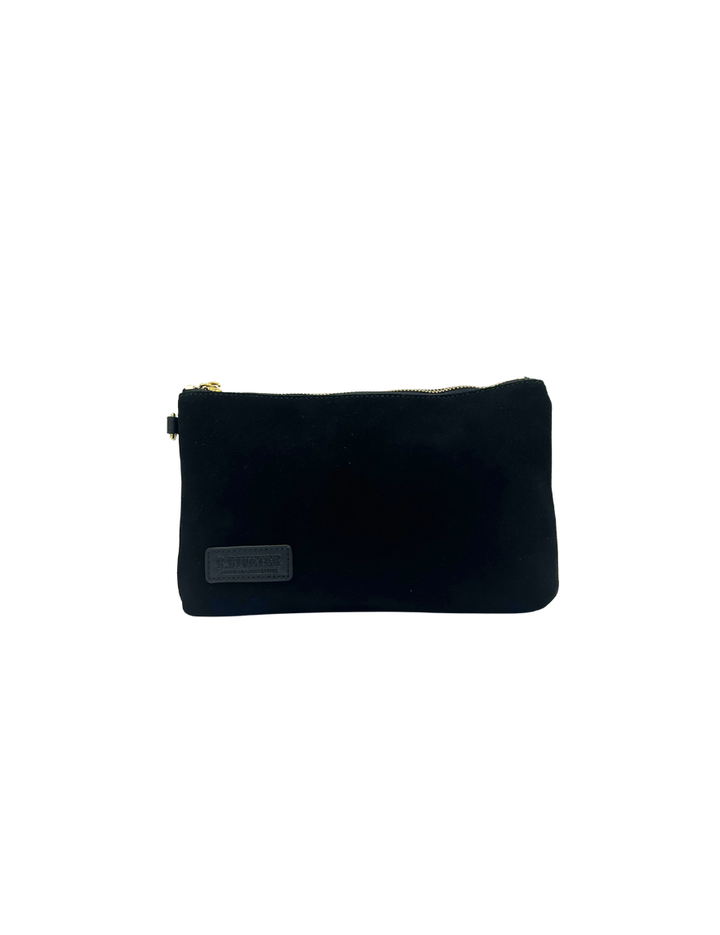 Lucy Large Zipper Pouch  | Black Suede + Black Logo Patch