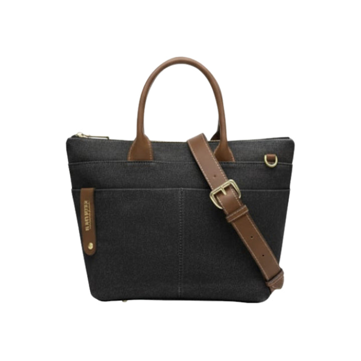 Dot | Small Tote | Black Washed Canvas + Brown