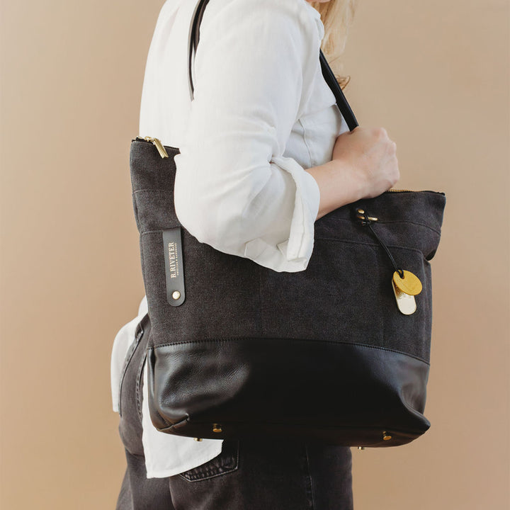 Harriet Tote Bag | Black Washed Canvas + Black Leather