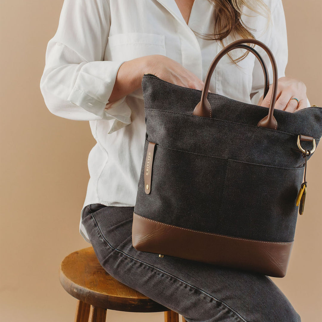 Otto Tote | Black Washed Canvas + Brown Leather