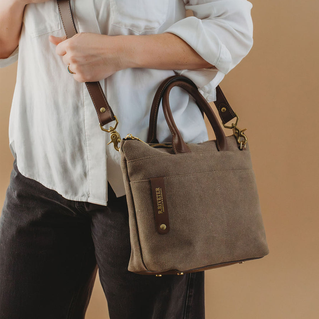 Dot | Small Tote | Chocolate Washed Canvas + Brown Leather