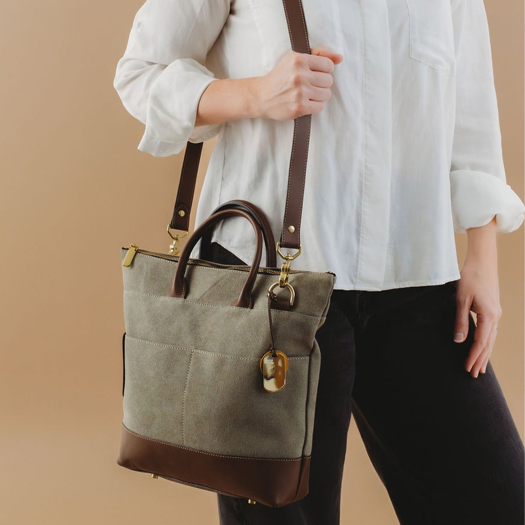 R Riveter Fatigue Otto Tote | Fatigue Washed Canvas + Brown Leather – R. Riveter
