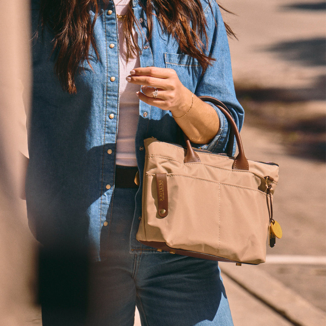 Dot | Small Tote | Khaki Nylon + Brown Leather