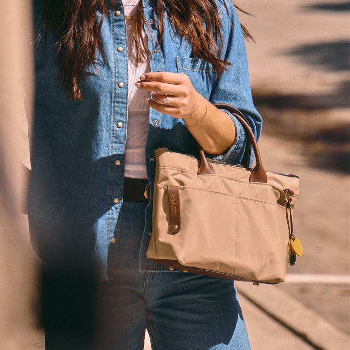 Dot | Small Tote | Khaki Nylon + Brown Leather