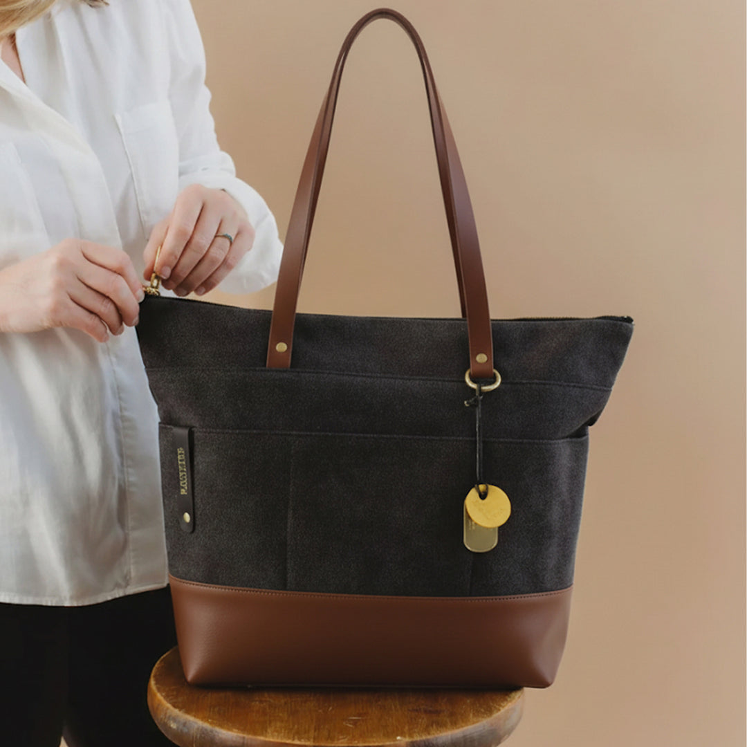 Harriet Tote Bag | Black Washed Canvas + Brown Leather