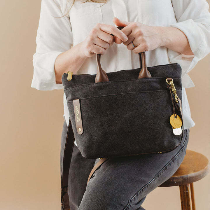 Dot | Small Tote | Black Washed Canvas + Brown