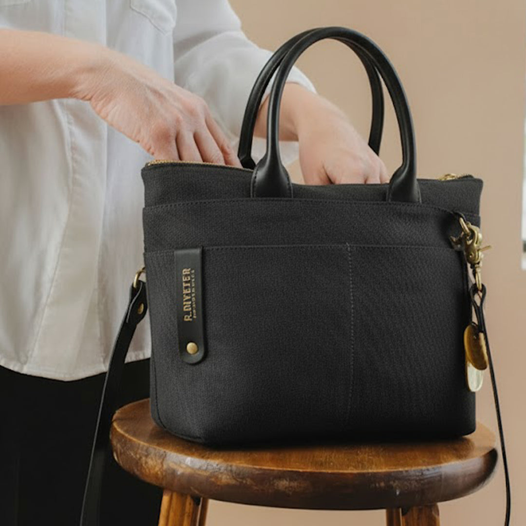 Dot | Small Tote | Black Washed Canvas + Black Leather