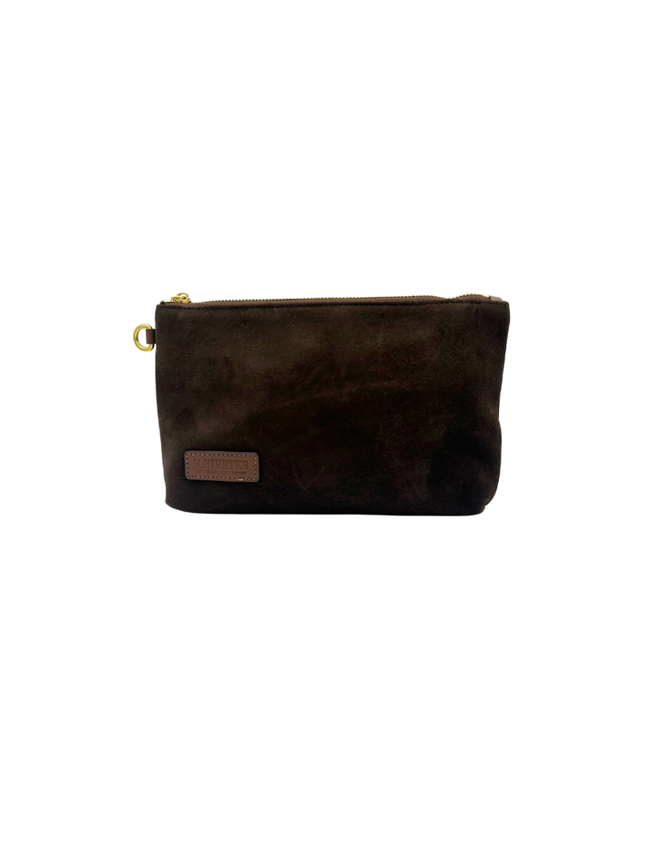 Lucy Large Zipper Pouch | Coffee Suede + Brown Logo Patch
