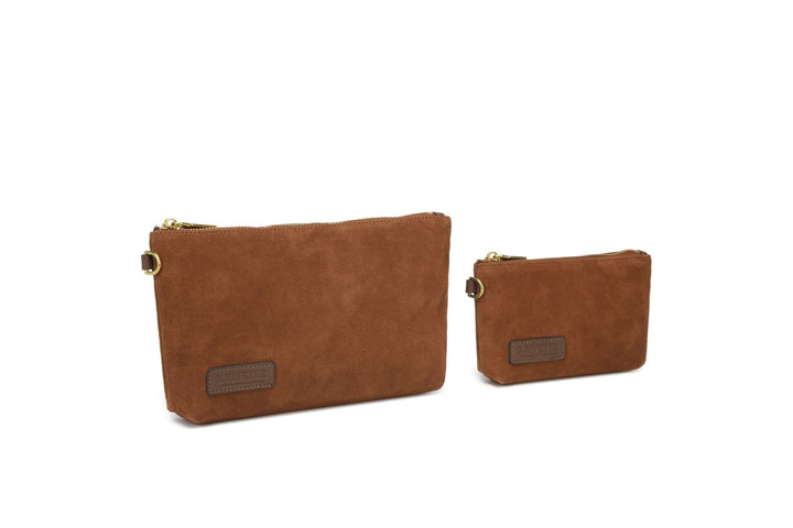 Lucy Large Zipper Pouch | Rust Suede + Brown Logo Patch