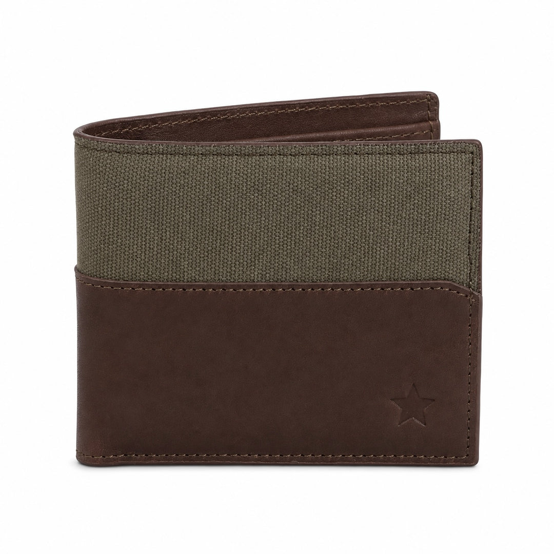 A bi-fold wallet featuring a dark brown suede-like lower half and an olive green canvas upper half, with a debossed star logo on the bottom right corner.