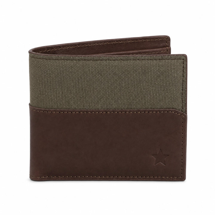 A bi-fold wallet featuring a dark brown suede-like lower half and an olive green canvas upper half, with a debossed star logo on the bottom right corner.