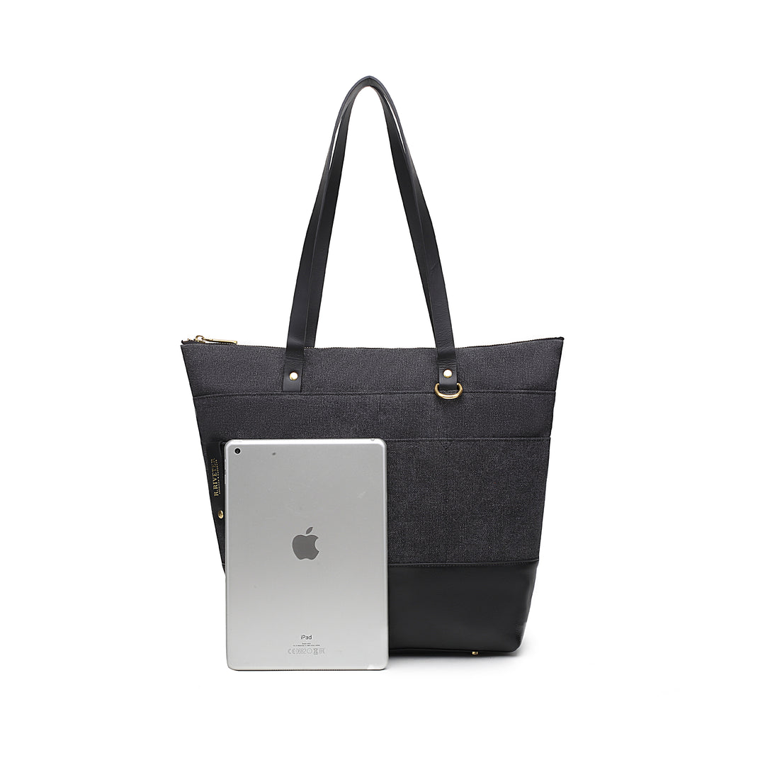 Harriet Tote Bag | Black Washed Canvas + Black Leather