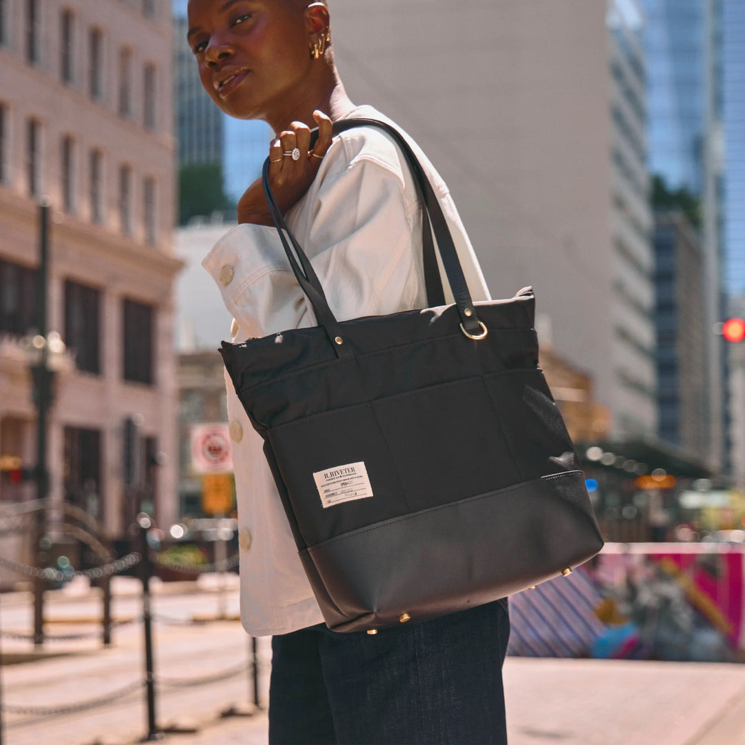 Harriet Tote Bag | Black Nylon + Black Leather