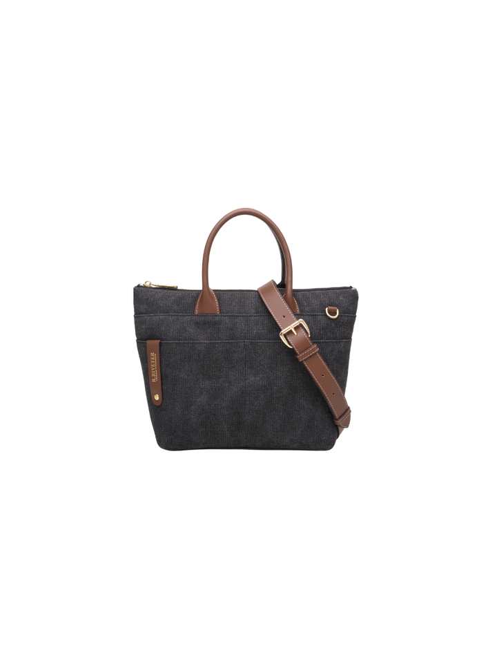 Dot Mini Tote | Black Washed Canvas + Brown