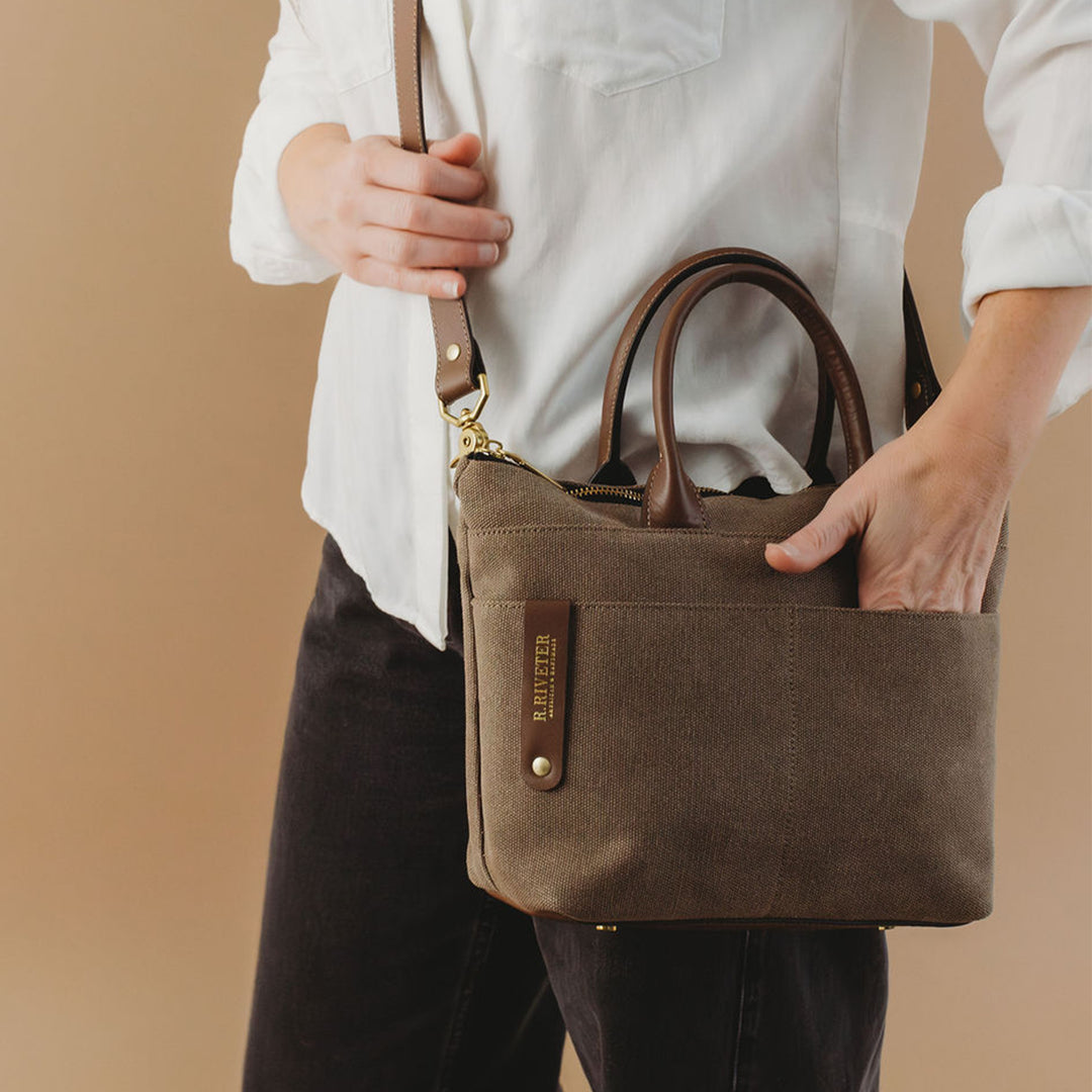 Dot | Small Tote | Chocolate Washed Canvas + Brown Leather