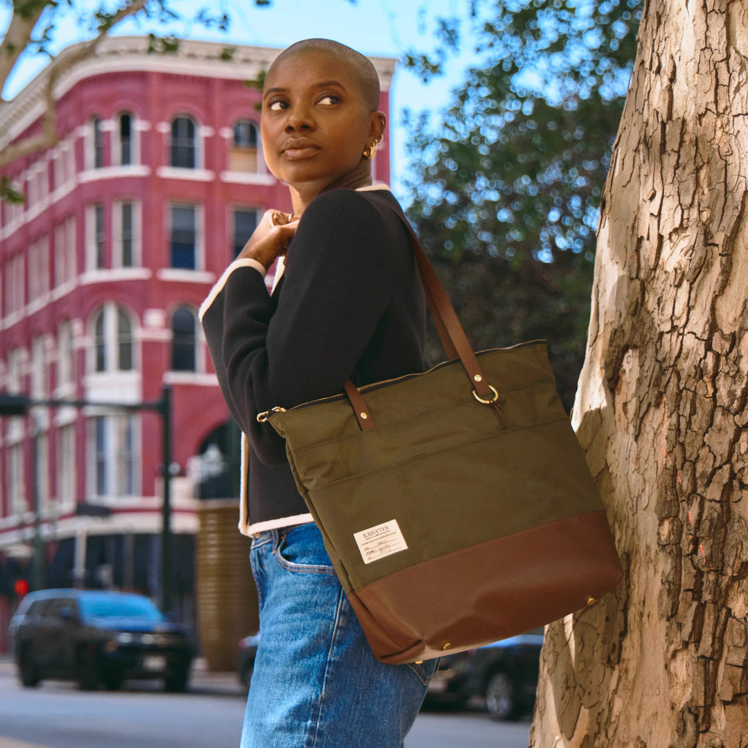 Harriet Tote Bag | Fatigue Nylon + Brown Leather
