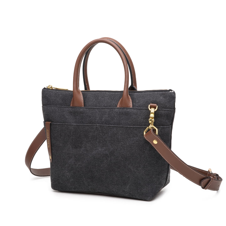 Dot | Small Tote | Black Washed Canvas + Brown