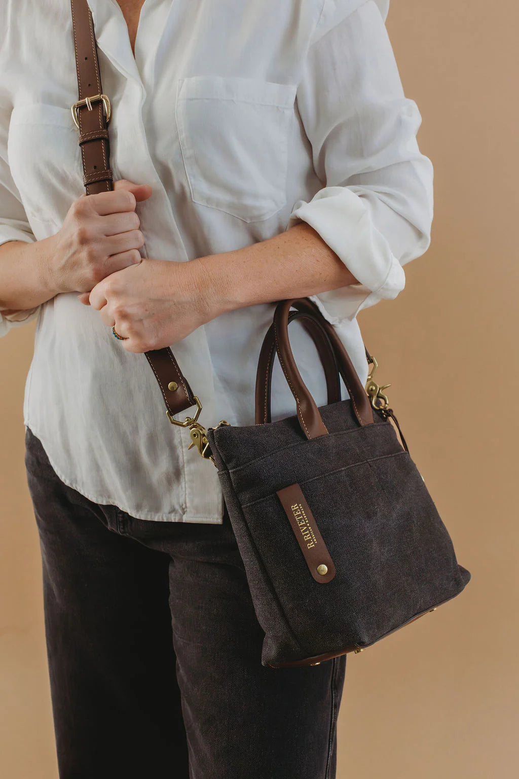 Dot | Small Tote | Black Washed Canvas + Brown