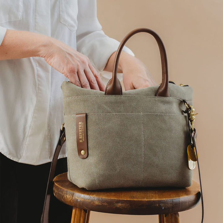 Dot | Small Tote | Fatigue Washed Canvas + Brown Leather