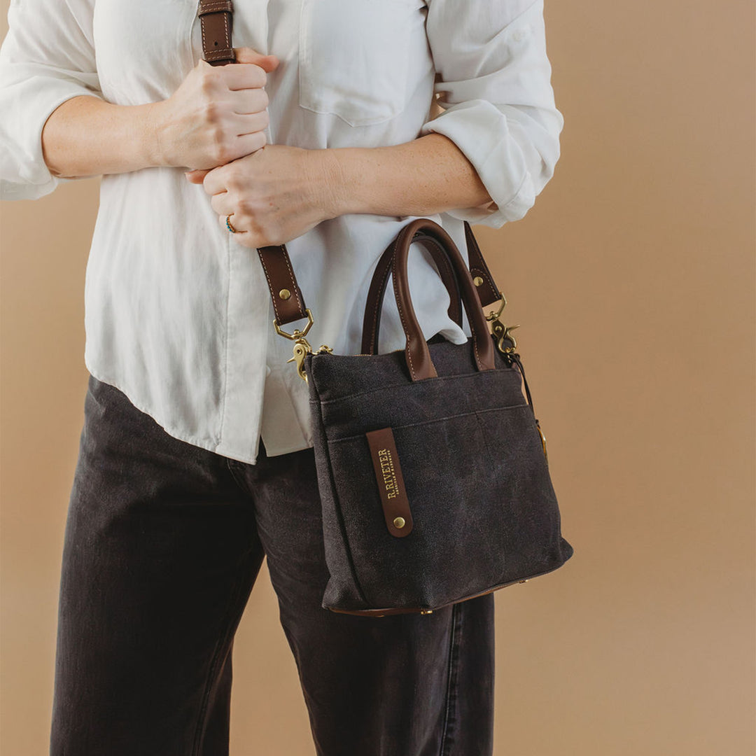 Dot | Small Tote | Black Washed Canvas + Brown