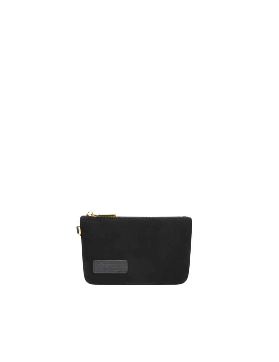 Lucy Mini Zipper Pouch | Black Suede + Black Logo Patch