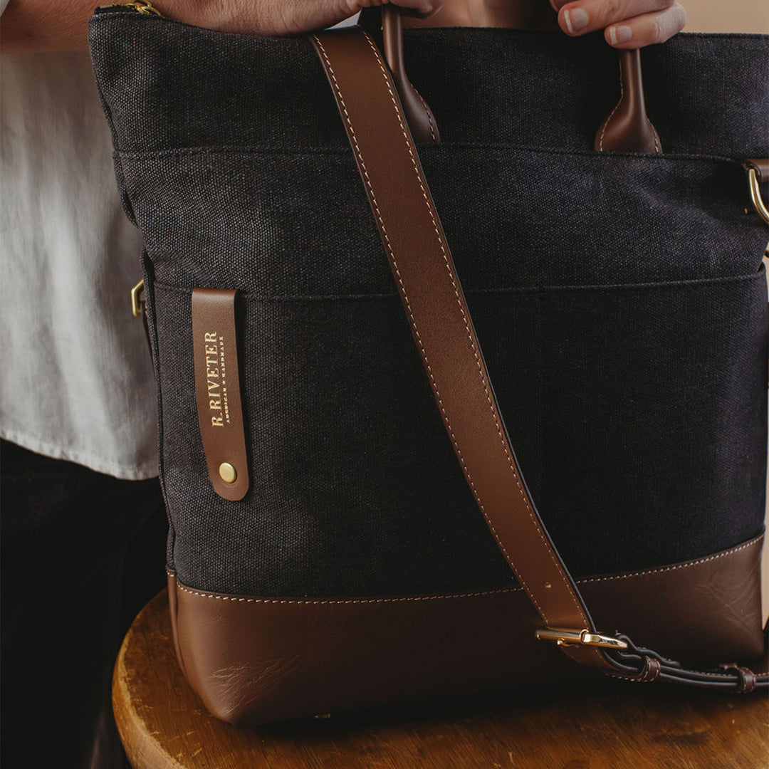 Otto Tote | Black Washed Canvas + Brown Leather
